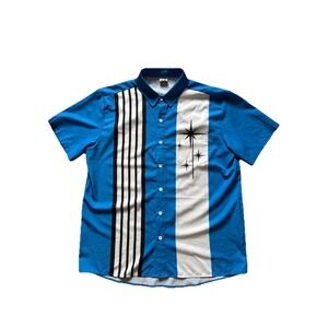 Hardaddy Button Up Men's Short Sleeve Shirt Blue / Vintage Pattern - Medium